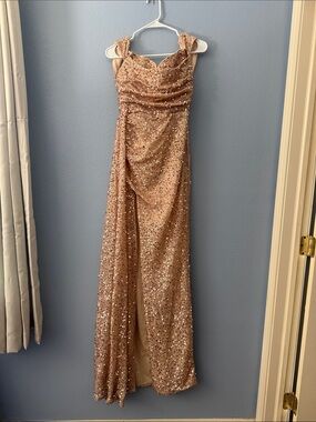 Sequin Rose Gold Evening Gown - Off the shoulder Dress